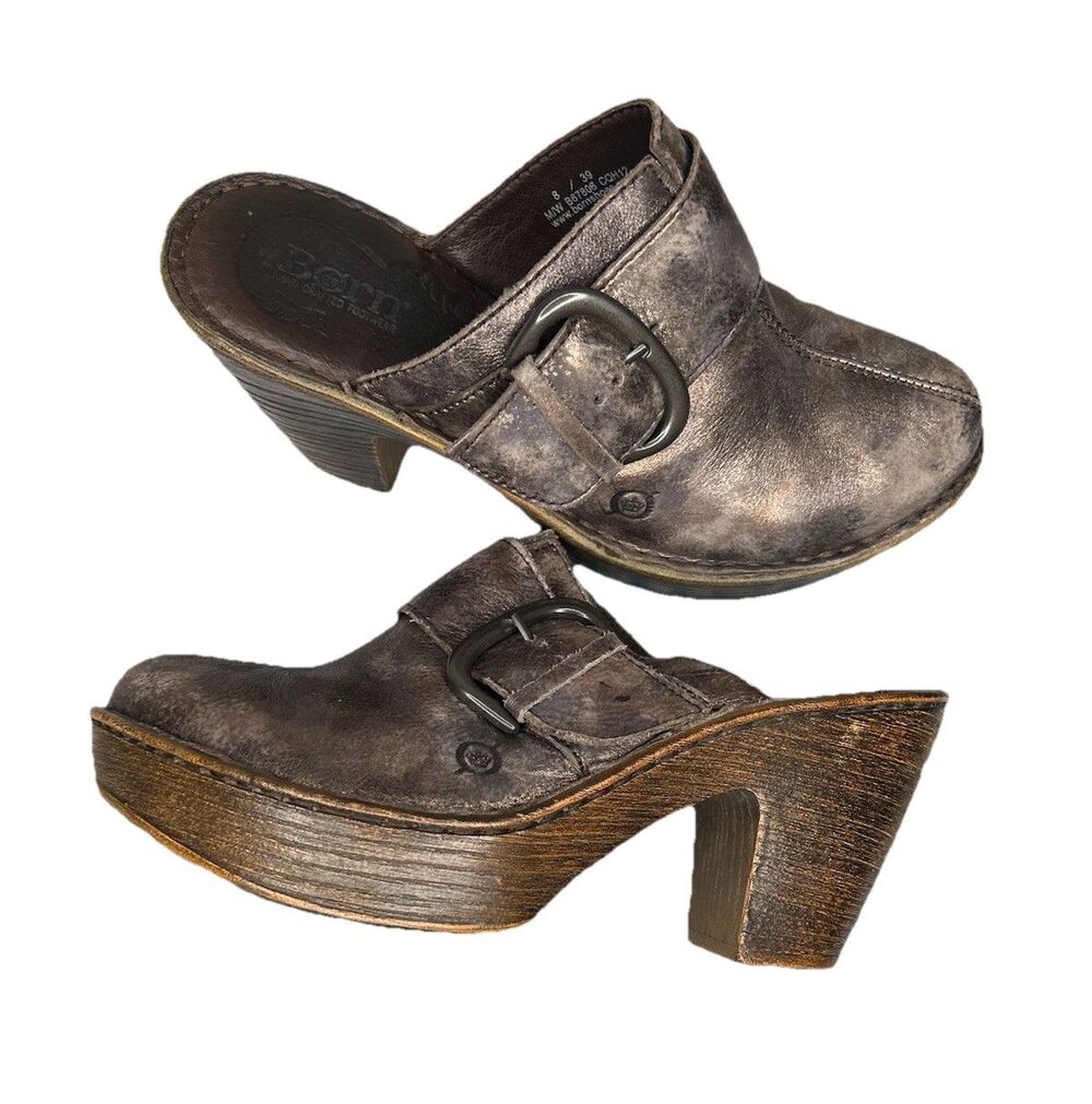 Born Y2K Grunge Metallic Leather Belt Buckle Block Heel Platform Clog Mule Sz 8